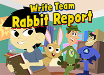 Help Super Scribe and Brainstorm help a boy plan, research, and write a report about rabbits.