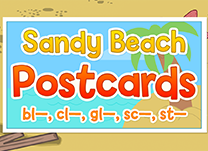 Practice reading words beginning with consonant blends <span class="aofl-italics">bl-, cl-, gl-, sc-,</span> and <span class="aofl-italics">st-</span> as you help Sandy and Frankie write postcards about their vacation on the beach.