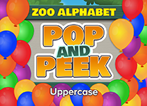 Pop balloons showing specific letters of the alphabet until an alphabet zoo puzzle is revealed.