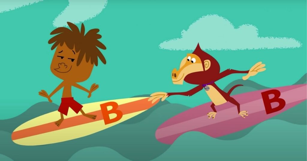 A baboon and a boy riding ABCmouse letter B surf boards.