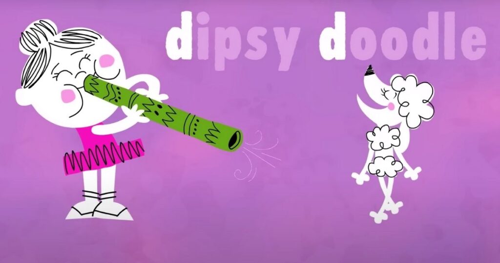 Deedee the dancer playing her didgeridoo for her darling dog who is doing the dipsy-doodle. 