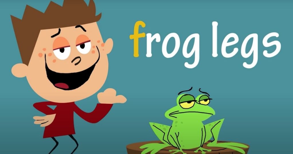 ABCmouse character Frank pointing to frog legs as Fred the frog looks forlorn. 