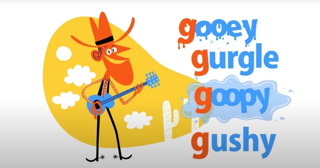 Colorful cowboy with a guitar singing about gooey gurgle goopy gushy. 