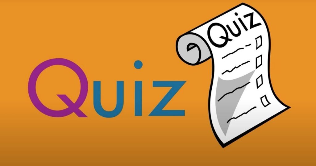 The word quiz on an orange background, next to a paper with the word quiz on it. 