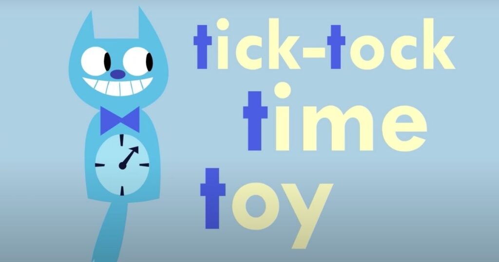 A blue cat with a clock on it's belly and the words tick-tock time toy next to it. 