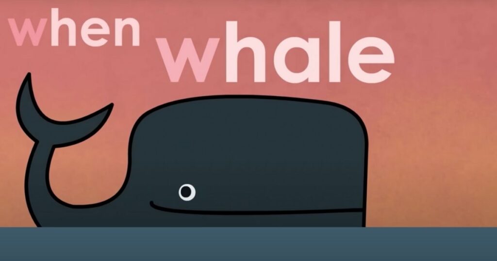 Large grey whale on an orange background with the words when whale above it. 