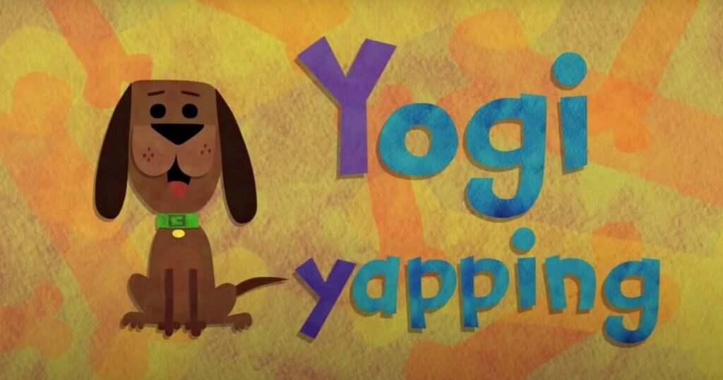 Brown dog sitting next to the words Yogi Yapping. 