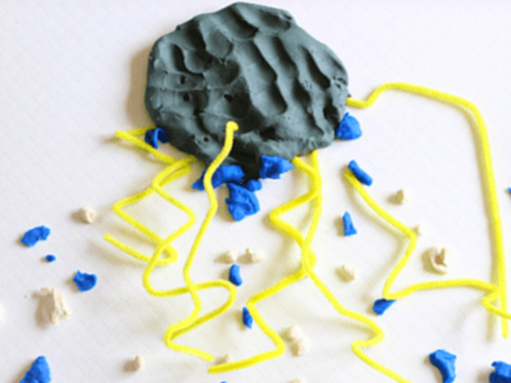 Playdough with yellow pipe cleaner and beads representing lightning and rain. 