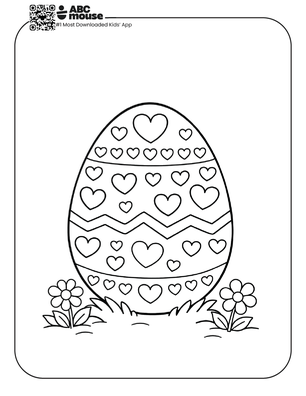 Easter egg covered in heart patterns with small flowers at the base free printable coloring page from ABCmouse.com.