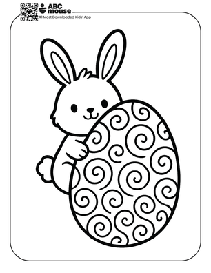 Smiling bunny hugging a large Easter egg with swirl patterns free printable coloring page from ABCmouse.com.