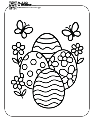Four decorated Easter eggs with flowers and butterflies free printable coloring page from ABCmouse.com.