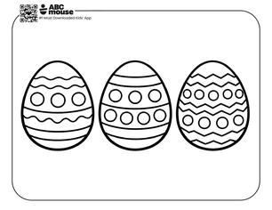 Three decorated Easter eggs with different stripe and circle patterns free printable coloring page from ABCmouse.com.