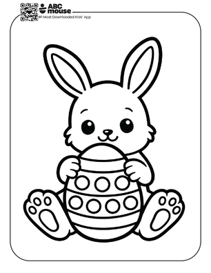 Cute bunny sitting and holding a decorated Easter egg free printable coloring page from ABCmouse.com.