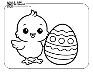 Cute baby chick standing next to a decorated Easter egg free printable coloring page from ABCmouse.com.