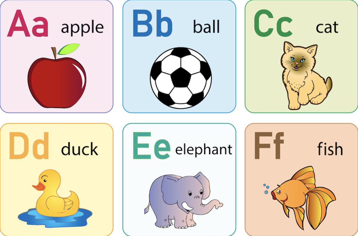 ABCDEF cards with apple, ball, cat, duck, elephant, and fish on them. 