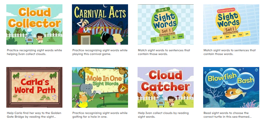 Screen capture of the different Kindergarten sight word games that ABCmouse offers. 