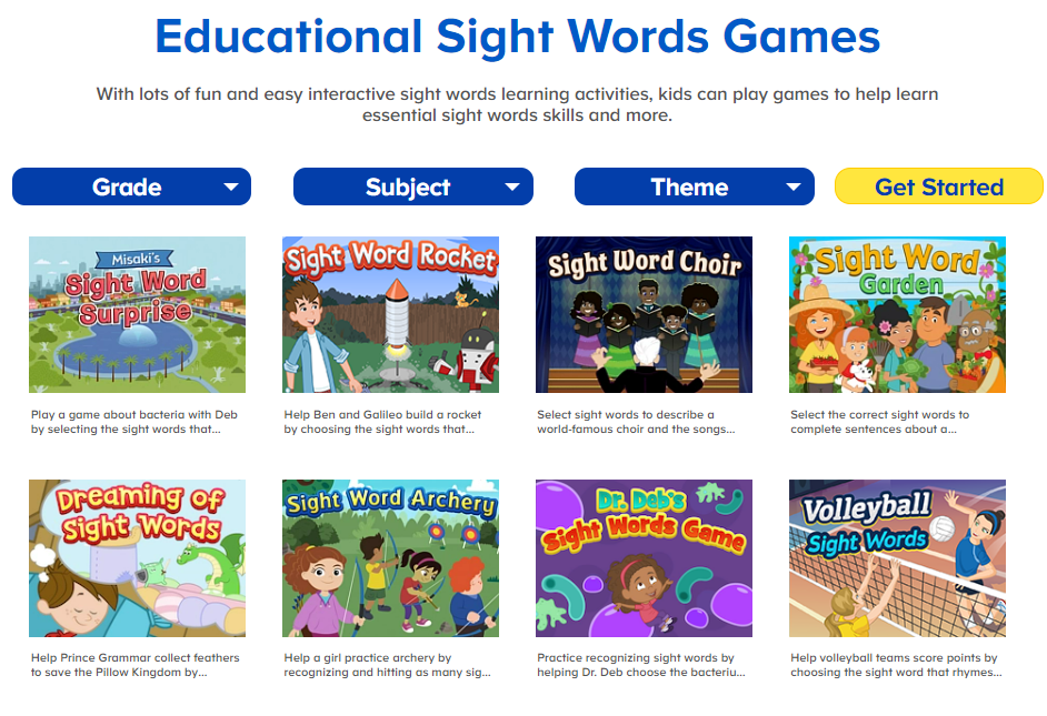 Screen shot of ABCmouse educational sight words games. 