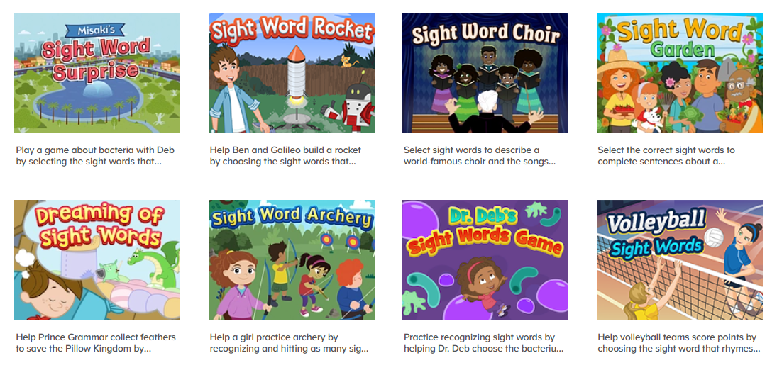 List of sight word games on ABCmouse.com. 