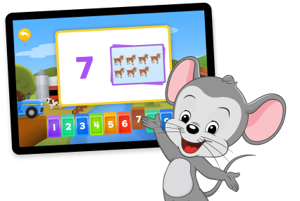 Cartoon mouse showing an ipad with games from ABCmouse