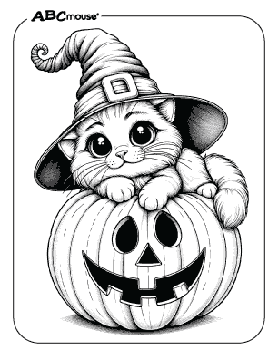 Adorable kitten on top of Jack-O-Lantern free printable coloring page. 