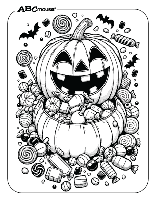 Jack-O-Lantern filled with Halloween candy, free printable coloring page. 