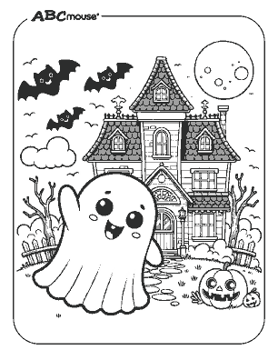 Friendly ghost in front of house, free printable coloring page. 