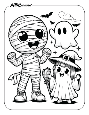 Mummy, and ghosts Halloween coloring page for kids. 