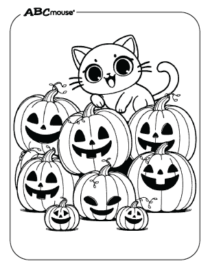 Cute kitten sitting on top of Halloween Jack-O-Lanterns, free coloring page. 
