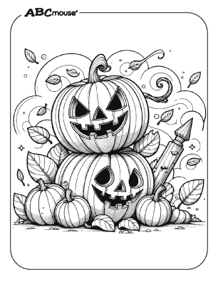 Stack of Jack-o-Lanterns, cute Halloween coloring page for kids. 
