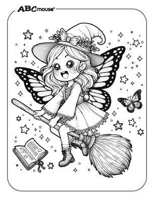 Cute little girl witch on broom free printable coloring page. 