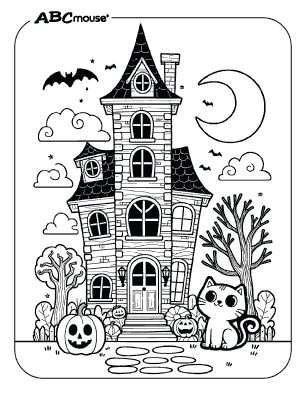 Kitten and pumpkin sitting in front of a haunted house, free coloring page for kids. 