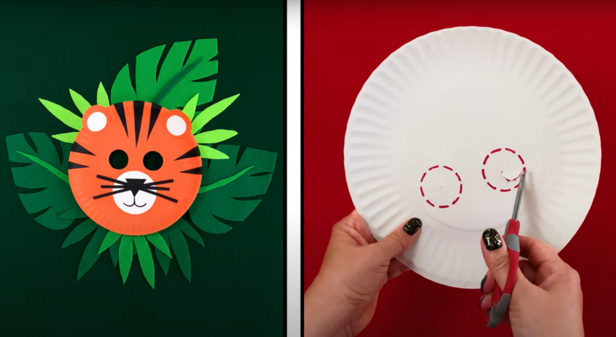 How to cut the eyes from a paper plate to create your tiger mask. 
