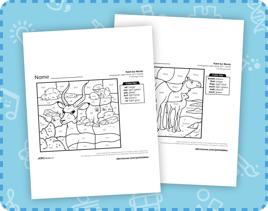 ABCmouse Challenge sight word coloring free printable worksheet for Kindergarten. 