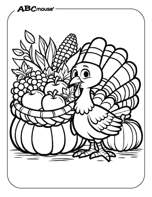 Thanksgiving turkey standing beside a harvest basket filled with apples, corn, and vegetables—free printable coloring page for kids from ABCmouse.com.