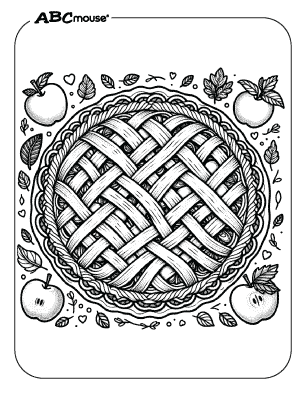 Detailed lattice-top apple pie surrounded by apples, leaves, and baking decorations—free printable coloring page for kids from ABCmouse.com.