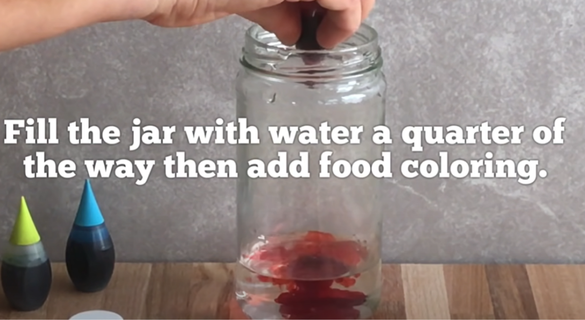 Filling a jar a quarter of the way with water then adding food coloring. 