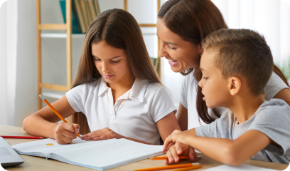 Mother helping her daughter and son writing words in a notebook. 