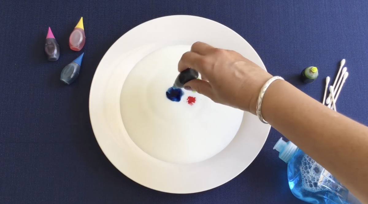 Adding drops of color to a plate that has milk on it. 