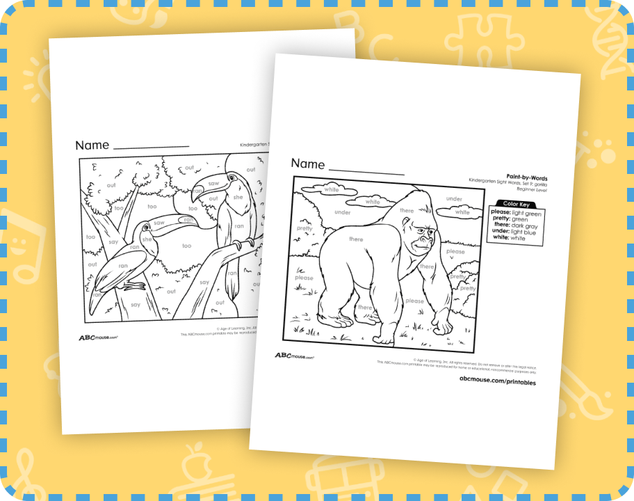 ABCmouse beginner sight word coloring worksheets for Kindergarteners. 