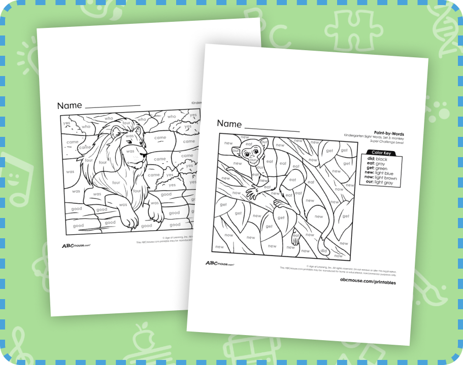 ABCmouse super challenge sight word coloring free printable worksheet for Kindergarten. 