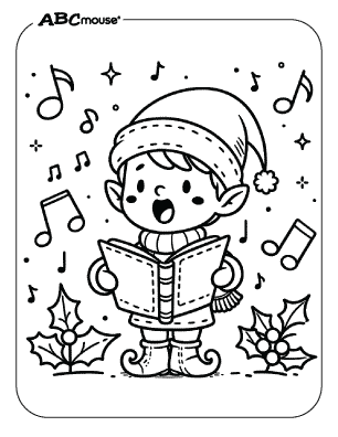Free printable coloring page of an elf singing Christmas carols. 