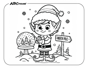 Free printable coloring page of an elf with a snow globe. 