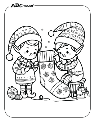 Free printable coloring page of two elves making a stocking. 