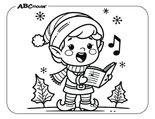 Free printable coloring page of an elf singing Christmas Carols. 