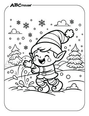 Free printable coloring page of an elf playing in the snow. 