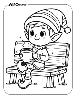 Free printable coloring page of an elf drinking hot cocoa. 