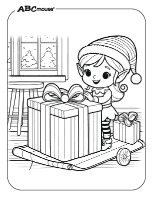 Free printable coloring page of an elf wrapping presents. 