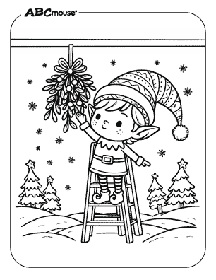 Free printable coloring page of an elf hanging mistletoe. 