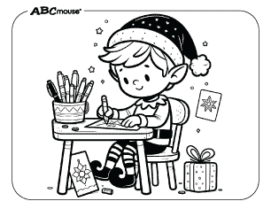 Free printable coloring page of an elf writing letters. 