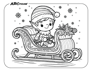 Free printable coloring page of an elf in a sled. 